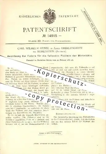 original Patent - Carl Wilhelm Heinig in Abtei Oberlungwitz bei Hohenstein , 1881 , Anordnung der Federn für Wirkstühle