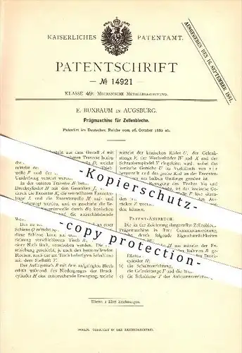 original Patent - E. Buxbaum in Augsburg , 1880 , Prägmaschine für Zellenbleche , Metall !!!