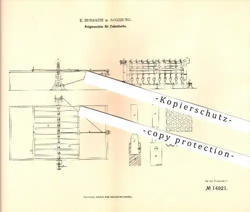 original Patent - E. Buxbaum in Augsburg , 1880 , Prägmaschine für Zellenbleche , Metall !!!