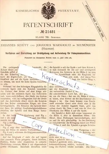 Original Patent - J. Schütt und J. Warnholtz in Neumünster , Holstein , 1882 , Spinnerei !!!