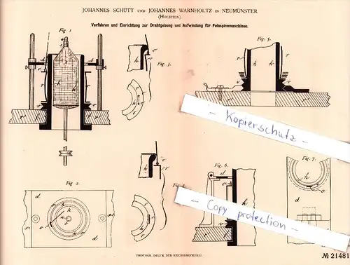 Original Patent - J. Schütt und J. Warnholtz in Neumünster , Holstein , 1882 , Spinnerei !!!