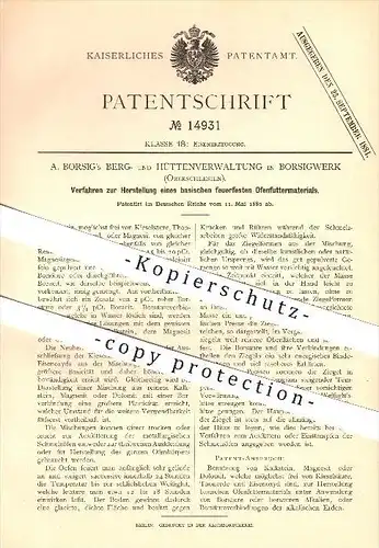 original Patent -A. Borsig's Berg-u. Hüttenverwaltung in Borsigwerk ,1880, Herstellung eines Ofenfttermaterials , Zabrze