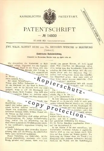 original Patent - Joh. Wilh. Albert Huss & Dr. Richard Wesche in Bernburg , 1880 , Elektrische Badeeinrichtung !!!