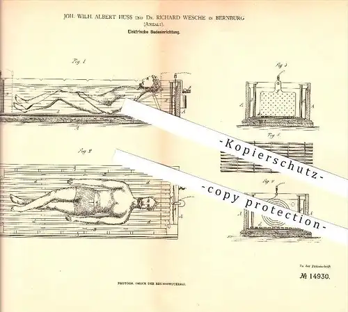 original Patent - Joh. Wilh. Albert Huss & Dr. Richard Wesche in Bernburg , 1880 , Elektrische Badeeinrichtung !!!