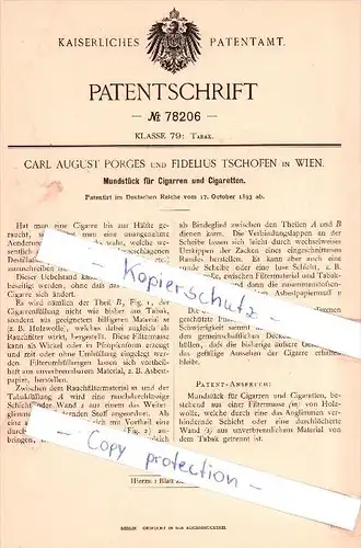 Original Patent - C. A. Porges und F. Tschofen in Wien , 1893 , Mundstück für Cigarren und Cigaretten !!!