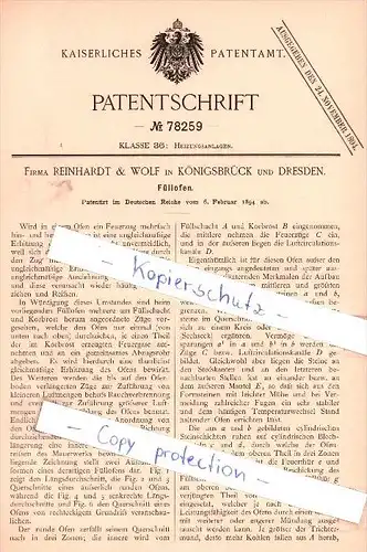 Original Patent - Firma Reinhardt & Wolf in Königsbrück und Dresden , 1894 , Füllofen !!!