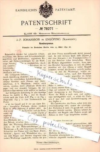 Original Patent - J. P. Johannsen in Enköping , Schweden , 1894 , Revolverpresse !!!