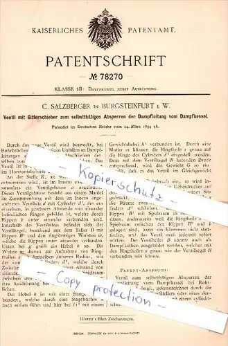 Original Patent - C. Salzberger in Burgsteinfurt i. W. , 1894 , Ventil mit Gitterschieber , Steinfurt !!!
