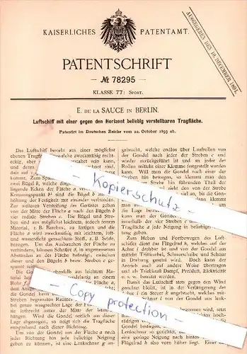 Original Patent - E. de la Sauce in Berlin , 1893 , Luftschiff mit verstellbarer Tragfläche !!!