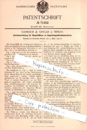 Original Patent - Carboch & Grygar in Teplitz / Teplice , 1893 , Nähmaschinen !!!