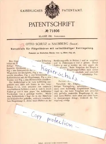 Original Patent - Otto Schulz in Naumburg , Saale , 1893 , Verschluß von Flügelthüren !!!