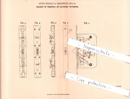 Original Patent - Otto Schulz in Naumburg , Saale , 1893 , Verschluß von Flügelthüren !!!