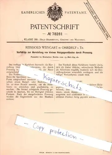 Original Patent - R. Weingart in Ohrdruf i. Th. , 1894 , Herstellung von Holzgegenständen !!!