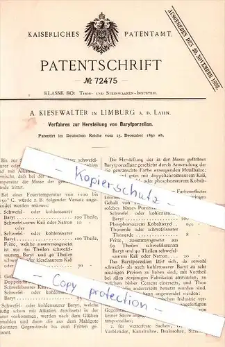 Original Patent - A. Kiesewalter in Limburg a. d. Lahn , 1892 , Herstellung von Barytporzellan , Porzellan !!!
