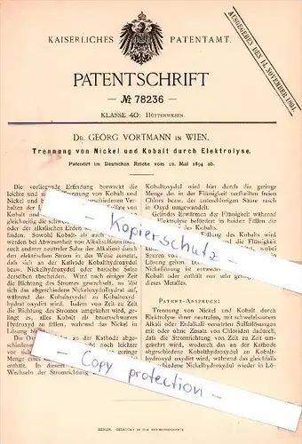 Original Patent - Dr. Georg Vortmann in Wien , 1894 , Trennung von Nickel und Kobalt !!!