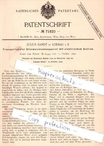Original Patent - Julius Sandt in Loebau i. S. , 1892 , Grünmalzwendeapparat mit Antrieb , Löbau , Agrar !!!