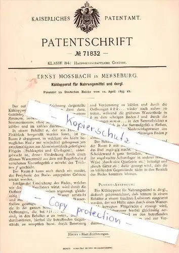 Original Patent - Ernst Mossbach in Merseburg , 1893 , Kühlapparat für Nahrungsmittel !!!