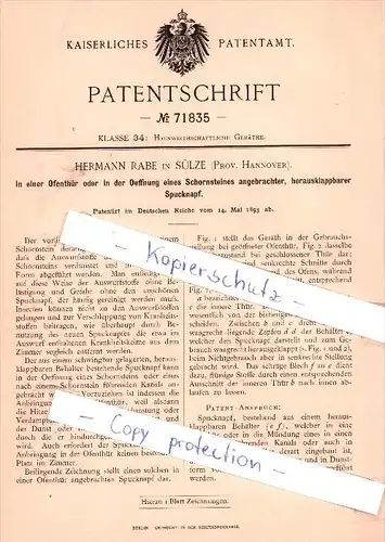 Original Patent - Hermann Rabe in Sülze , Prov. Hannover , 1893 , Spucknapf !!!