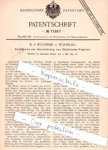 Original Patent - W. F. Wucherer in Würzburg , 1893 , Herstellung von Chokolade-Figuren !!!