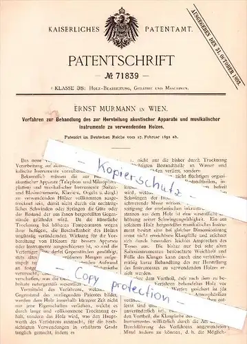Original Patent - E. Murmann in Wien , 1892 , Herstellung akustischer Apparate  !!!