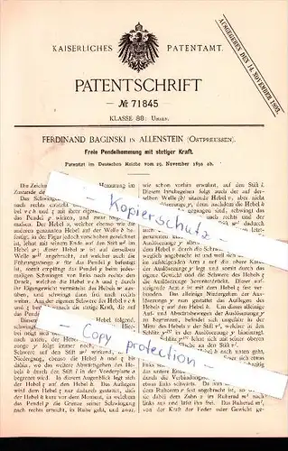 Original Patent - F. Baginski in Allenstein , Ostpreussen , 1892 , Freie Pendelhemmung mit Kraft !!!
