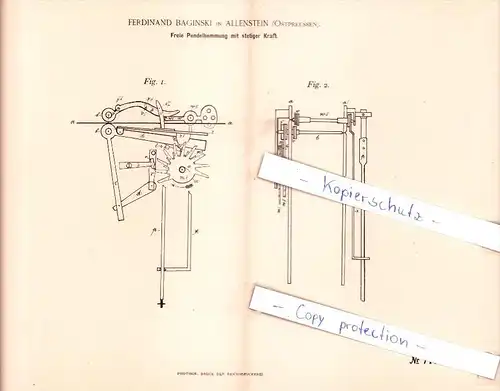 Original Patent - F. Baginski in Allenstein , Ostpreussen , 1892 , Freie Pendelhemmung mit Kraft !!!