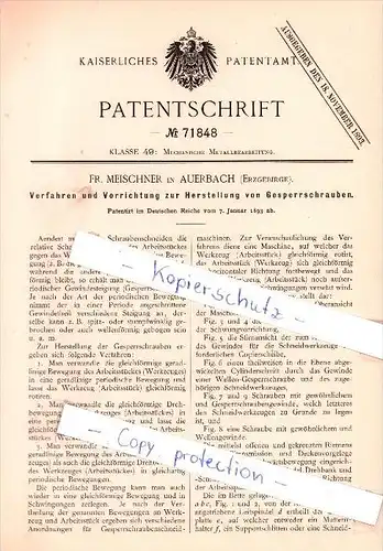 Original Patent - Fr. Meischner in Auerbach , Erzgebirge , 1893 ,  Herstellung von Gesperrschrrauben !!!