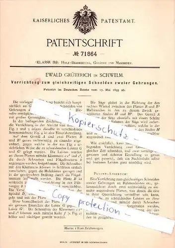 Original Patent -  Ewald Grüterich in Schwelm , 1893 , Schneiden zweier Gehrungen !!!