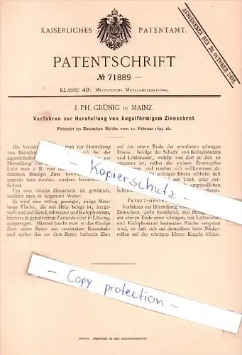 Original Patent - J. Ph. Grünig in Mainz , 1893 , Herstellung von Zinnschrot !!!