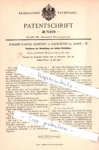 Original Patent - J. C. Harkort in Harkorten bei Haspe i. W. , 1892 , Herstellung von Roststäben , Hagen !!!