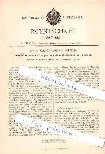 Original Patent - E. Camphausen in Krefeld , 1892 , Auftragen von Appreturmasse auf Gewebe !!!