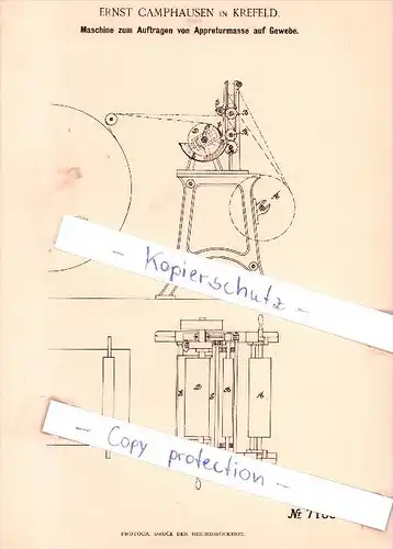 Original Patent - E. Camphausen in Krefeld , 1892 , Auftragen von Appreturmasse auf Gewebe !!!
