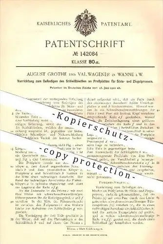 original Patent - August Grothe & Val. Wagener in Wanne i. W. , 1902 , Vorrichtung für Stein- und Ziegelpressen , Herne