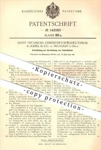 original Patent - A. Habel & Co. in Neustadt a. Orla , 1901 , Vorrichtung zur Herstellung von Formsteinen , Beton !!!