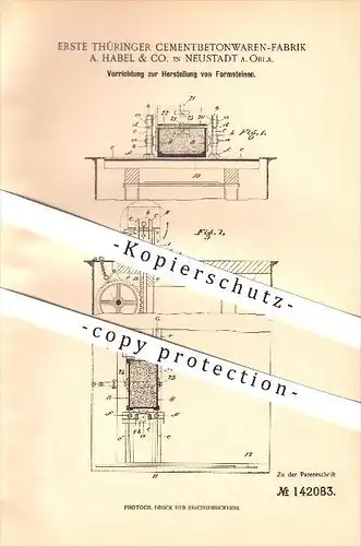 original Patent - A. Habel & Co. in Neustadt a. Orla , 1901 , Vorrichtung zur Herstellung von Formsteinen , Beton !!!