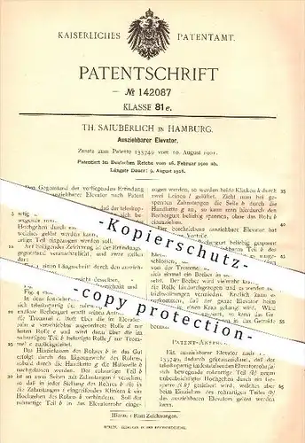 original Patent - Th. Saiuberlich in Hamburg , 1902 , Ausziehbarer Elevator !!!