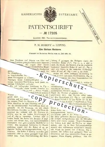 original Patent - P. M. Hubeny in Leipzig , 1881 , Eine fahrbare Obstdarre , Obst , Landwirtschaft !!!