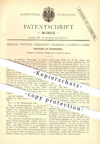 original Patent - Charles Timothée Maximilien Valerand de Bange in Paris , 1883 , Konstruktion von Geschützrohren !!!