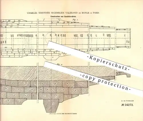 original Patent - Charles Timothée Maximilien Valerand de Bange in Paris , 1883 , Konstruktion von Geschützrohren !!!