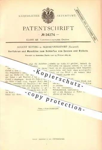 original Patent - August Röthig in Seifhennersdorf , 1883 , Verfahren und Maschine zum Schärfen von Sensen u. Sicheln !!