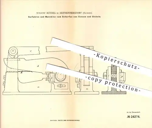 original Patent - August Röthig in Seifhennersdorf , 1883 , Verfahren und Maschine zum Schärfen von Sensen u. Sicheln !!
