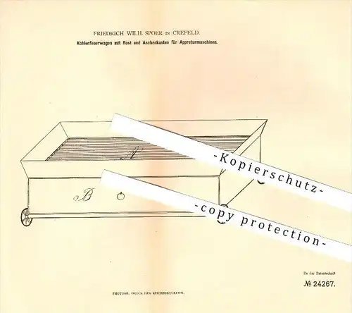 original Patent - Friedrich Wilh. Spoer in Krefeld , 1883 , Kohlenfeuerwagen für Appreturmaschinen , Appretur !!!