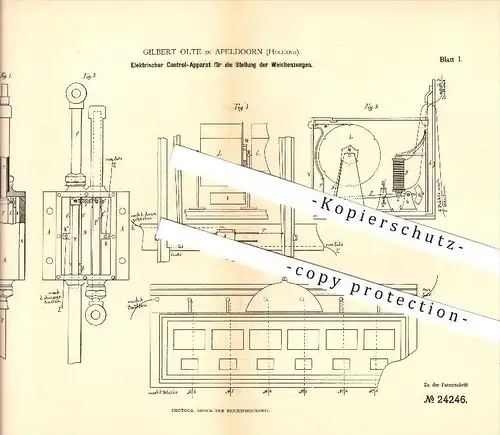 original Patent - Gilbert Olte in Apeldoorn , Holland , 1882 , Elektr. Apparat für die Stellung der Weichenzungen !!!