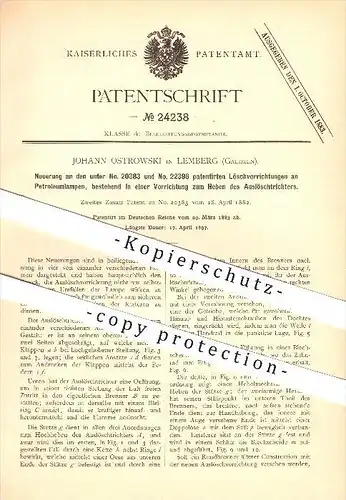 original Patent - Johann Ostrowski in Lemberg , Galizien , 1883 , Neuerung an Löschvorrichtungen an Petroleumlampen !!!