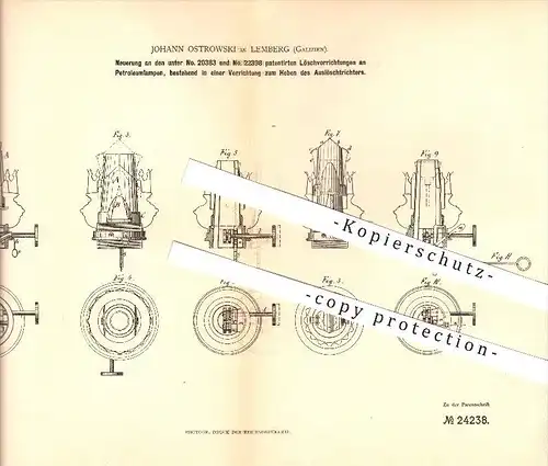 original Patent - Johann Ostrowski in Lemberg , Galizien , 1883 , Neuerung an Löschvorrichtungen an Petroleumlampen !!!