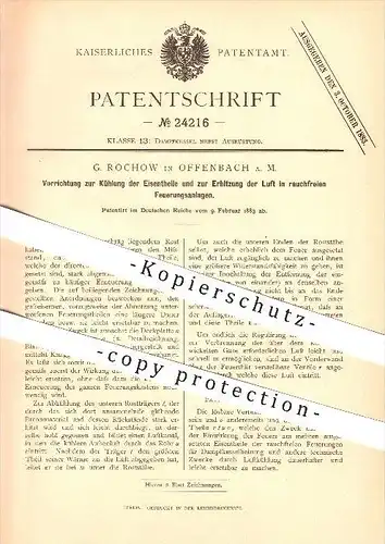 original Patent - G. Rochow in Offenbach a. M. , 1883 , Vorrichtung zur Kühlung bzw. Erhitzung in Feuerungsanlagen !!!