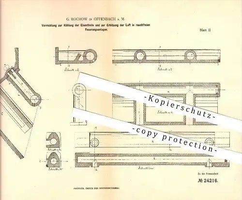 original Patent - G. Rochow in Offenbach a. M. , 1883 , Vorrichtung zur Kühlung bzw. Erhitzung in Feuerungsanlagen !!!