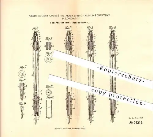 original Patent - Joseph E. Cousté & Francis Mac Donald Robertson in London , 1883 , Federhalter mit Tintenbehälter !!!