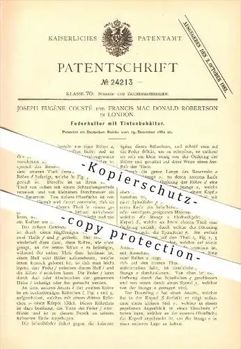 original Patent - Joseph E. Cousté & Francis Mac Donald Robertson in London , 1883 , Federhalter mit Tintenbehälter !!!