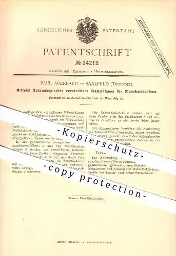 original Patent - Paul Auerbach in Saalfeld , 1883 , Per Schraubspindeln verstellbare Klemmklauen für Stauchmaschinen !!